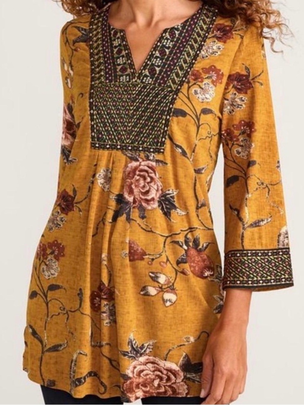 Soft Surroundings Etana mustard yellow floral embroidered boho v-neck tunic - M